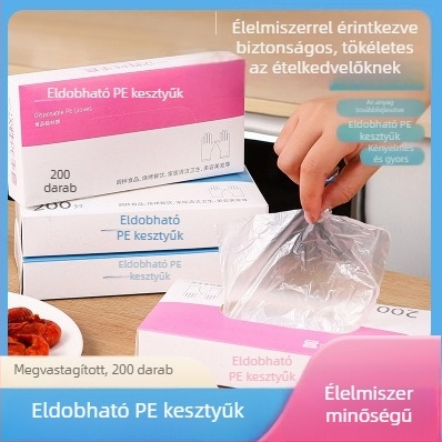 Egyszer használatos, vastagított kesztyűk, dobozban 200 darab, PE film, étkeztetéshez és kézápoláshoz