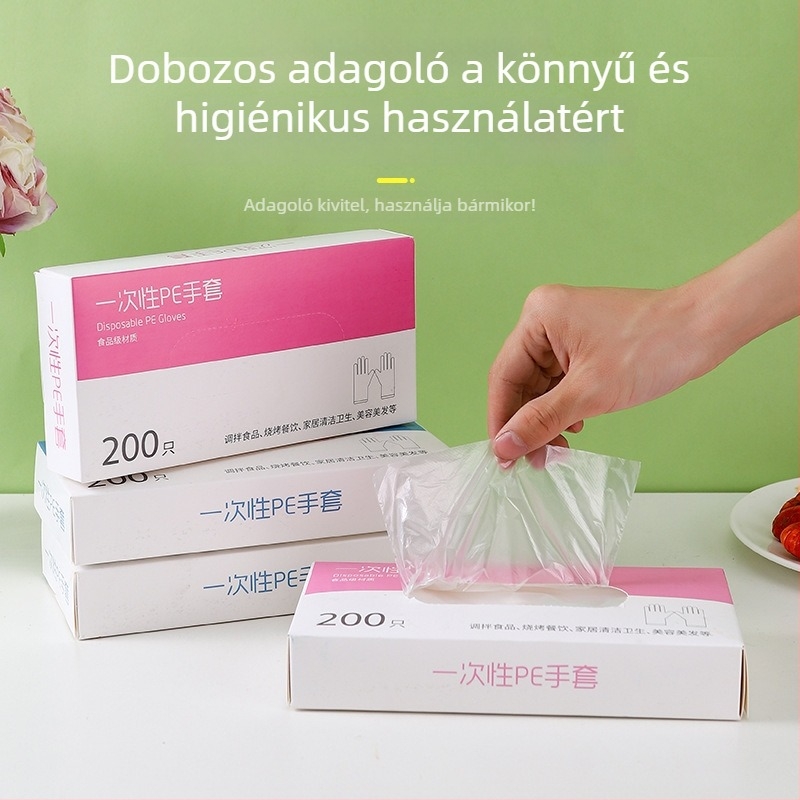 Egyszer használatos, vastagított kesztyűk, dobozban 200 darab, PE film, étkeztetéshez és kézápoláshoz
