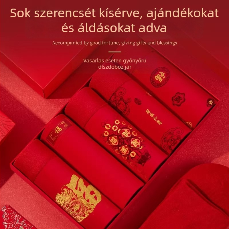 Férfi piros pamut boxer alsók a Ló évére, esküvői ajándék díszdobozban
