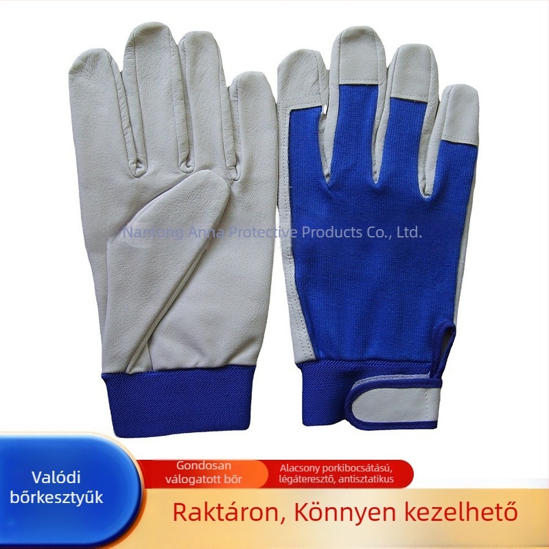 Gyapjúbőr védő kesztyűk rugalmas kialakítással, szúrásálló és antistatikus, hegesztéshez Velcro-zárású, kék, többször használható