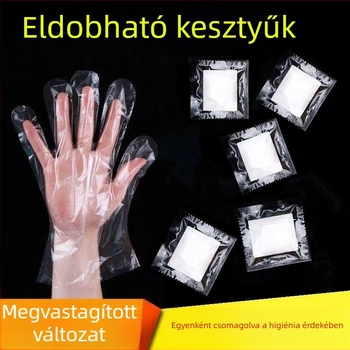 Egyszer használatos, átlátszó, vastagabb polietilén kesztyűk étkezéshez, egyedi csomagolásban, homár evésére és pizza kiszállítására