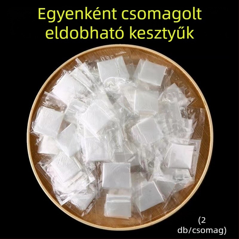Egyszer használatos, átlátszó, vastagabb polietilén kesztyűk étkezéshez, egyedi csomagolásban, homár evésére és pizza kiszállítására