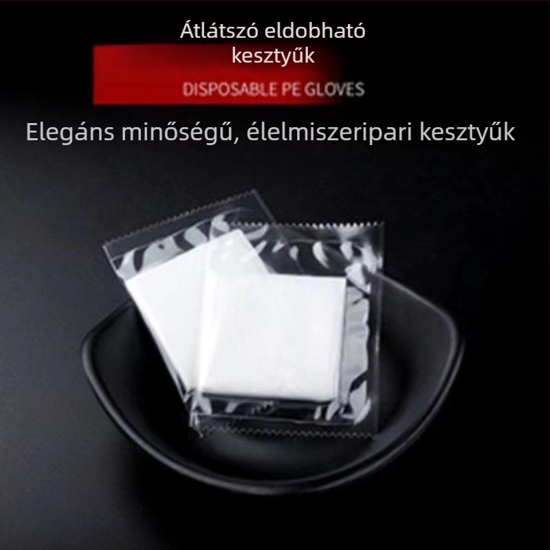 Egyszer használatos, átlátszó, vastagabb polietilén kesztyűk étkezéshez, egyedi csomagolásban, homár evésére és pizza kiszállítására