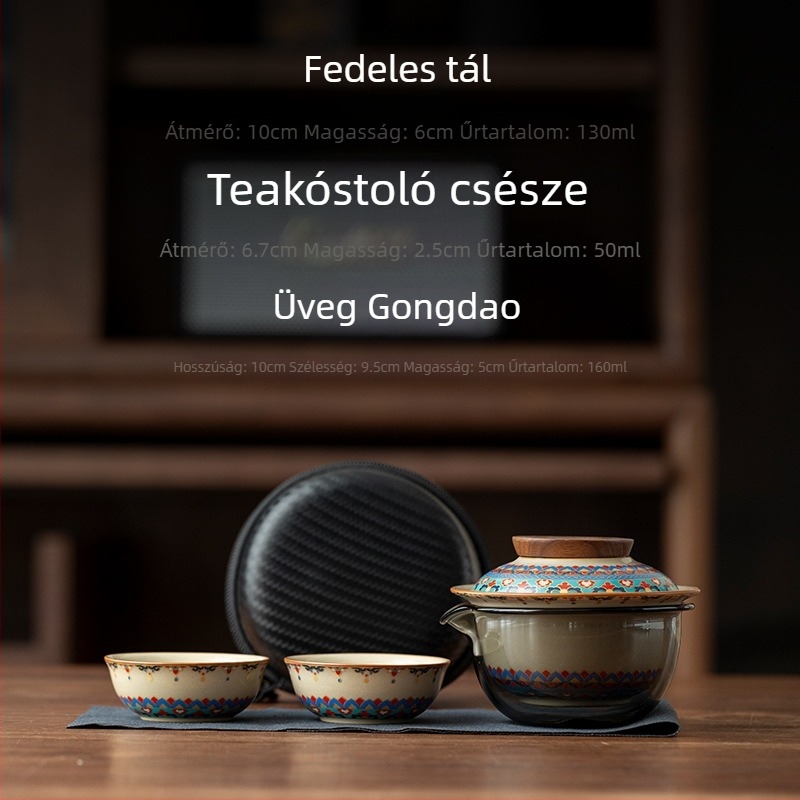 Utazó teáskészlet: egy teáskanna és három csésze; Ice Jade színű porcelán fedeles tál, Gongfu teáscsészék, hordozható táska, vállalati csapatépítő ajándék