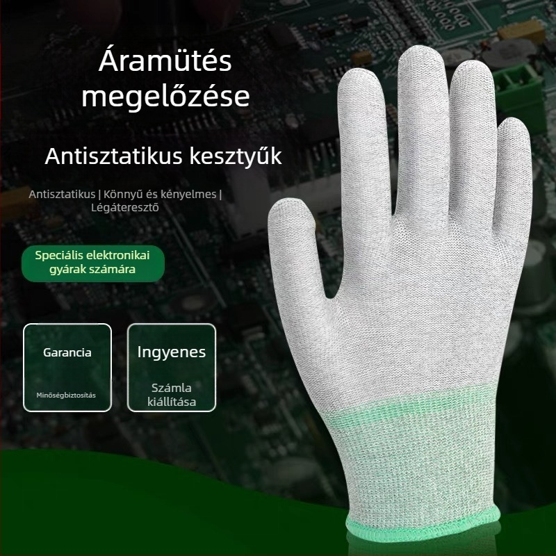 Szénszálas kesztyű antistatikus PU bevonatú tenyérrel, kopásálló elektronikai gyártáshoz és tisztatérhez