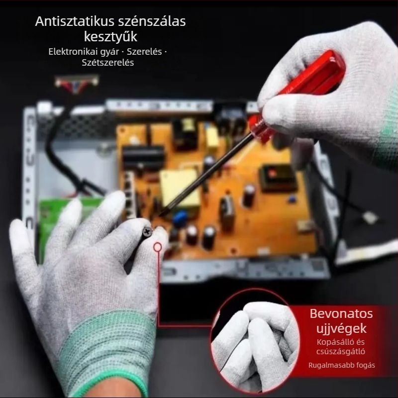 Szénszálas kesztyű antistatikus PU bevonatú tenyérrel, kopásálló elektronikai gyártáshoz és tisztatérhez