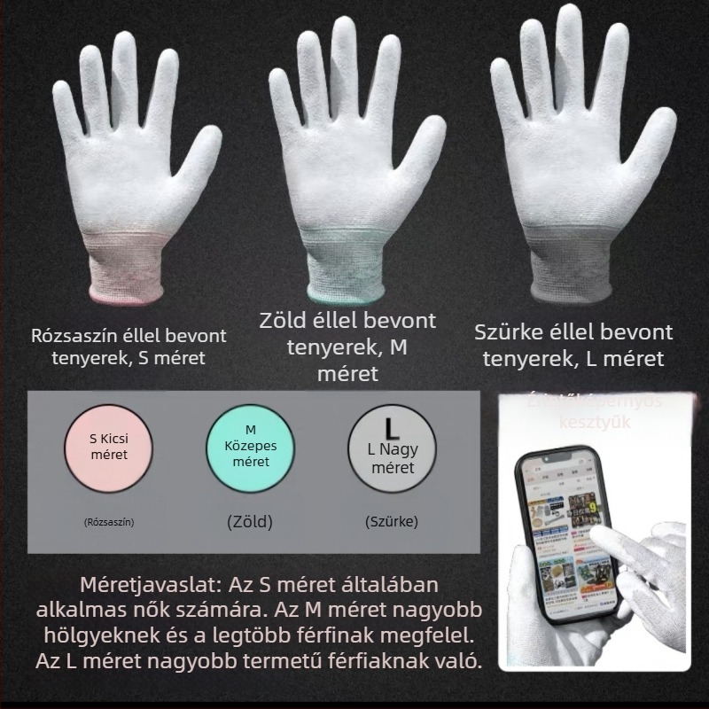 Szénszálas kesztyű antistatikus PU bevonatú tenyérrel, kopásálló elektronikai gyártáshoz és tisztatérhez