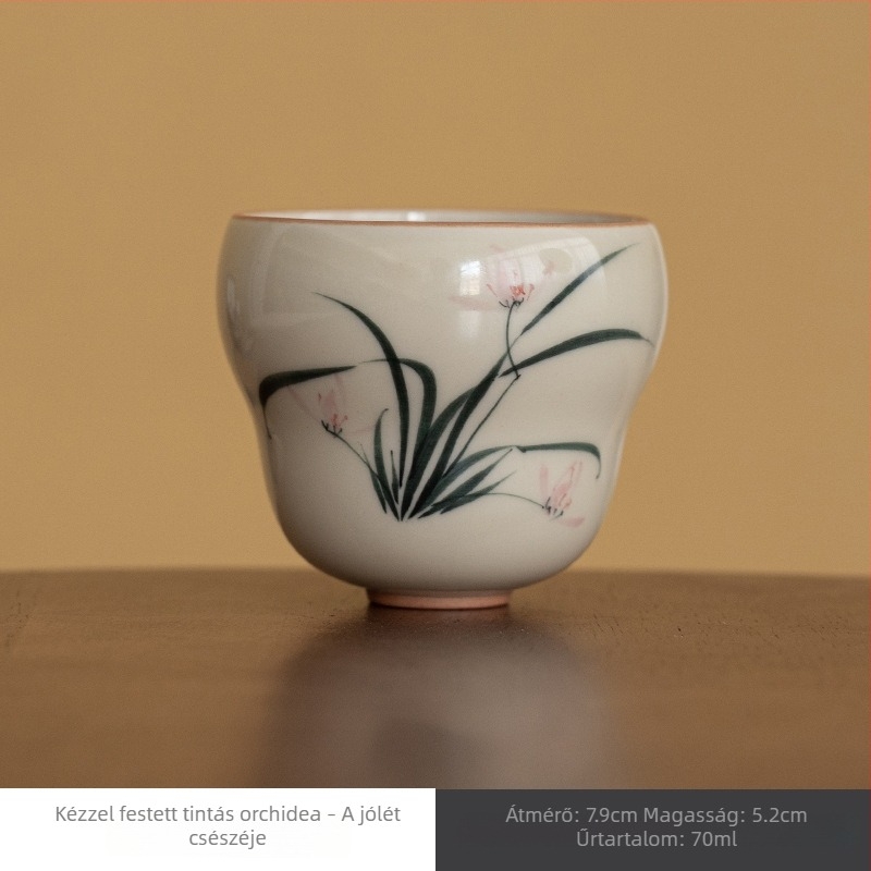 Kézzel festett orchideás teáscsésze Pu'er teához, nagy kapacitás, aláglazúros színes díszítés, Fu Lu csésze, orchidea mintázat tinta-színben