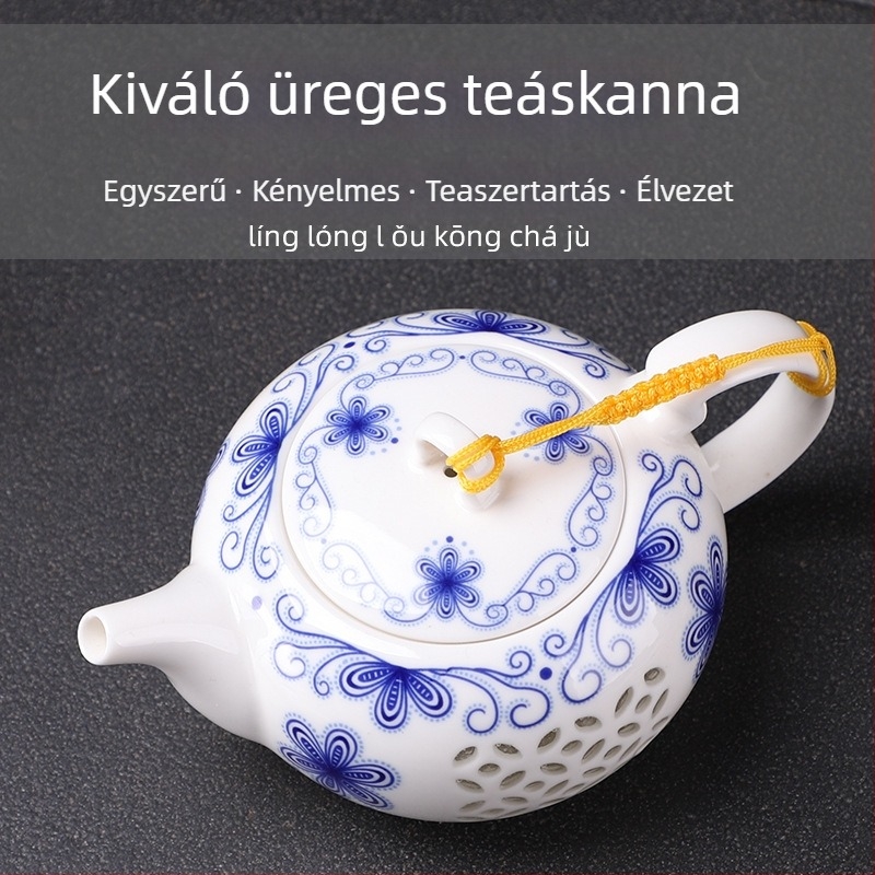 Fehér porcelán teáskanna nyitott mintával és kék-fehér mázzal, kínai stílusú, kis méretű, otthoni használatra