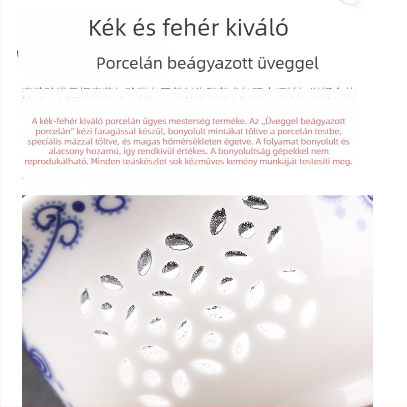 Fehér porcelán teáskanna nyitott mintával és kék-fehér mázzal, kínai stílusú, kis méretű, otthoni használatra