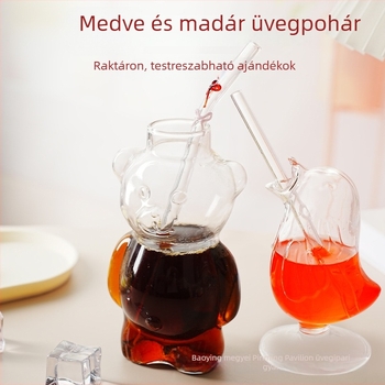 Kézzel fújt kristály pohár aranyos madár és medve mintával, gyümölcsléhez és tejes teához, testreszabható ajándék nőknek