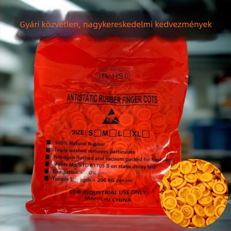 Antisztatikus latex ujjvédők precíz elektronikus alkatrészek összeszereléséhez, pormentes, tartós, csúszásmentes, fehér vagy sárga.