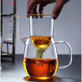 Vastag üveg teáskanna szűrővel és üvegszerű belső résszel, hőálló, fekete és zöld tea számára – Kung Fu teáskészlet