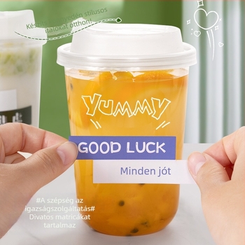 Tejes tea pohár, 480 ml, újrahasznosítható PET műanyag pohár dekoratív matricával