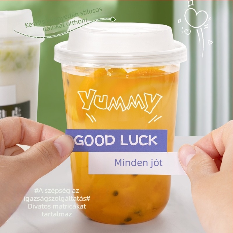 Tejes tea pohár, 480 ml, újrahasznosítható PET műanyag pohár dekoratív matricával