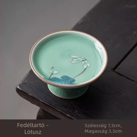 Song-stílusú magas lábú teáskanna fedővel, Celadon mázzal, fedő tartó, csészealátét és hőszigetelt csésze tartó – teáskészlet-kiegészítők
