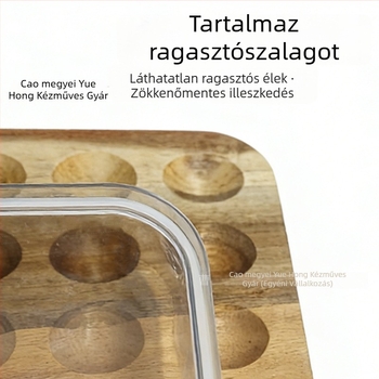 Fából készült tojásos tál fedéllel és tömítő szalaggal, rekeszekre osztott tojás tároló tál, hordozható légmentesen záródó tojásdoboz