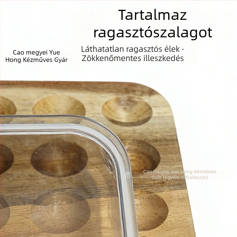 Fából készült tojásos tál fedéllel és tömítő szalaggal, rekeszekre osztott tojás tároló tál, hordozható légmentesen záródó tojásdoboz