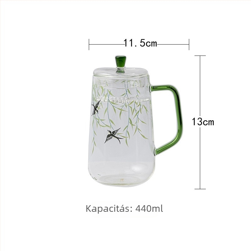 Moji Ruili Üveg zöld tea pohár félhold alakú szűrővel, átlátszó, fogantyúval, virágos tea készítéséhez