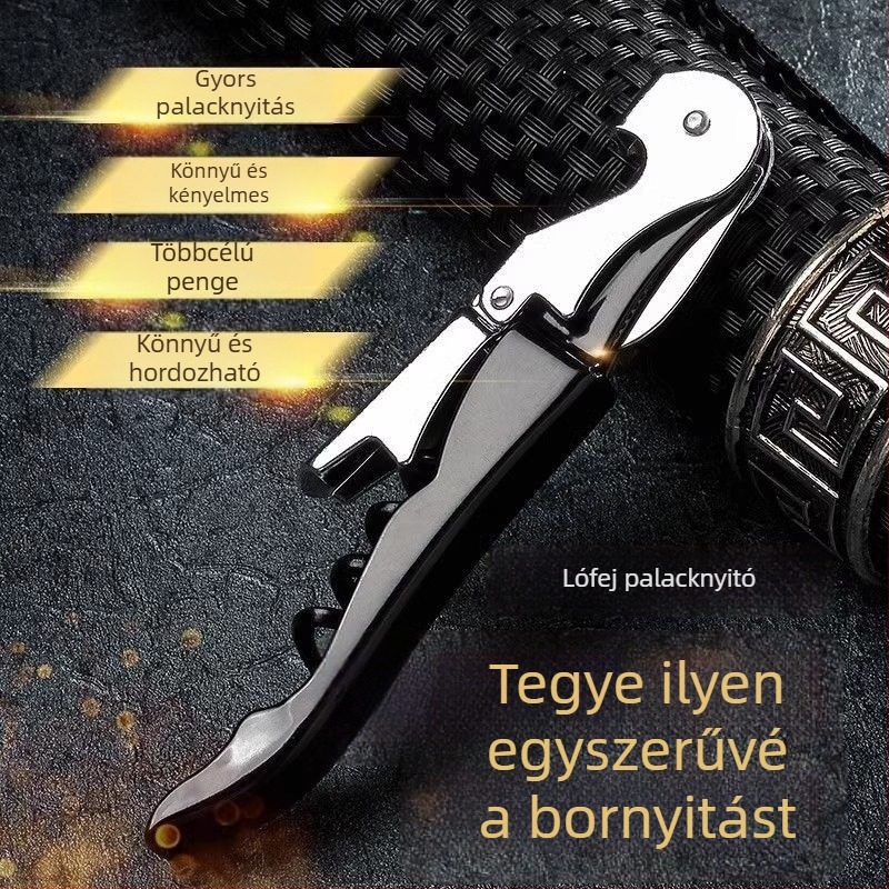 Többfunkciós tengeri csikó alakú rozsdamentes acél bortnyitó, dugónyitó és borvágó kés, hordozható, összecsukható