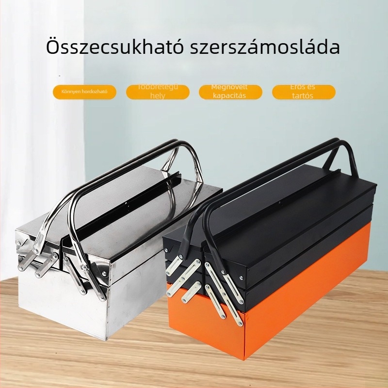 Nagy méretű összecsukható háromszintes szerszámtartó doboz háztartási használatra, hordozható tároló