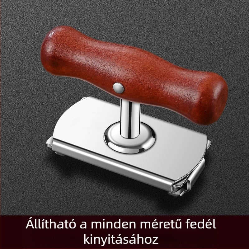 Többfunkciós nyitó: konzerv, üveg és befőttesüveg fedél nyitója; rozsdamentes acélból, hordozható.