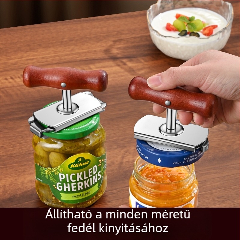 Többfunkciós nyitó: konzerv, üveg és befőttesüveg fedél nyitója; rozsdamentes acélból, hordozható.