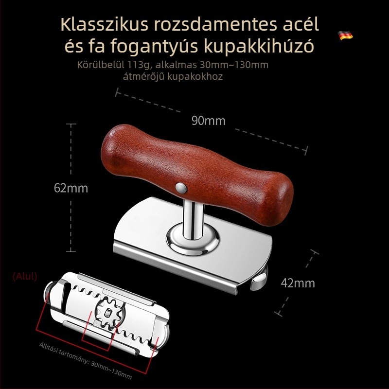 Többfunkciós nyitó: konzerv, üveg és befőttesüveg fedél nyitója; rozsdamentes acélból, hordozható.