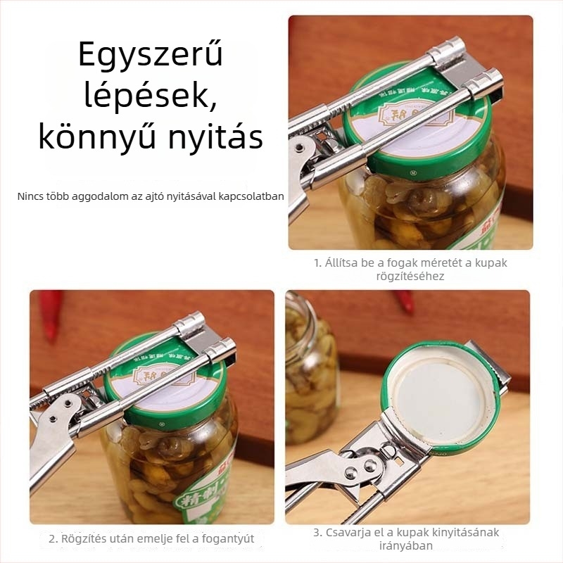 Rozsdamentes acélból készült palack- és konzervnyitó, állítható, hordozható konyhai kütyü