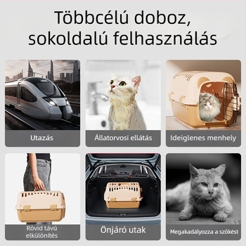 Állati szállító macskáknak és kistestű–közepes méretű kutyáknak, hordozható autóhoz illeszthető ketrec, PP műanyag