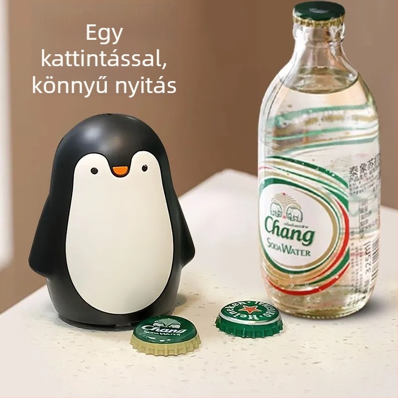 Pingvin alakú műanyag üvegnyitó, nyomó típusú, pezsgő és italok nyitására, otthoni használatra