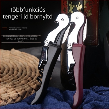 Többfunkciós tengeri csikó alakú kés, rozsdamentes acél, bor- és sörüveg nyitó, konzervnyitó