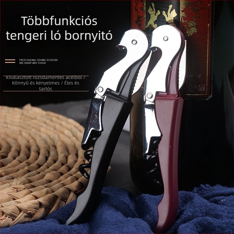 Többfunkciós tengeri csikó alakú kés, rozsdamentes acél, bor- és sörüveg nyitó, konzervnyitó