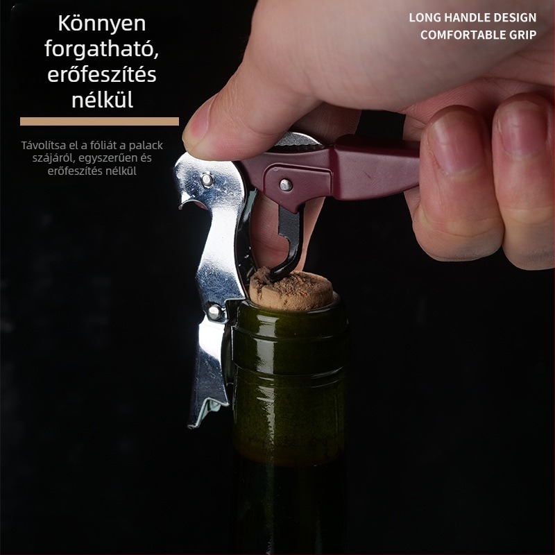 Többfunkciós tengeri csikó alakú kés, rozsdamentes acél, bor- és sörüveg nyitó, konzervnyitó