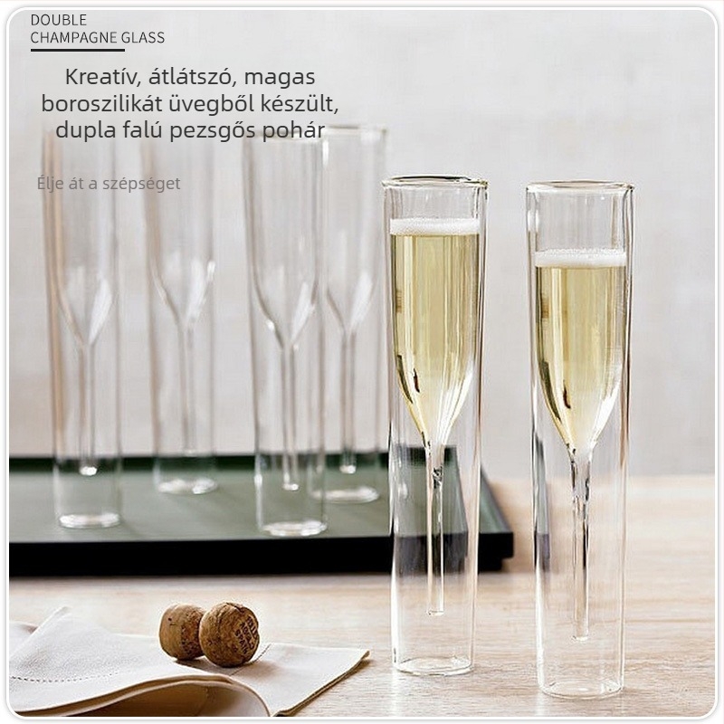 Duplafalú boroszilikát pezsgőpohár, átlátszó üveg, buborékos pohár borhoz és koktélokhoz, 101–200 ml