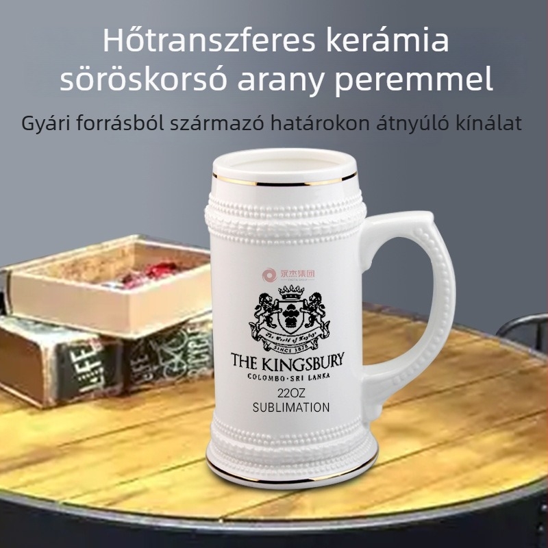 Hőátvitel sörös bögre, kiváló minőségű kerámia, fogantyúval, arany szegéllyel, 601–700 ml-es kapacitás, testre szabható