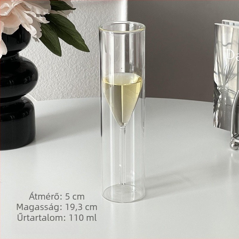 Kétrétegű pezsgő- és vörösboros pohár, tulipán formájú kupa, modern, átlátszó bárkoktél pohár