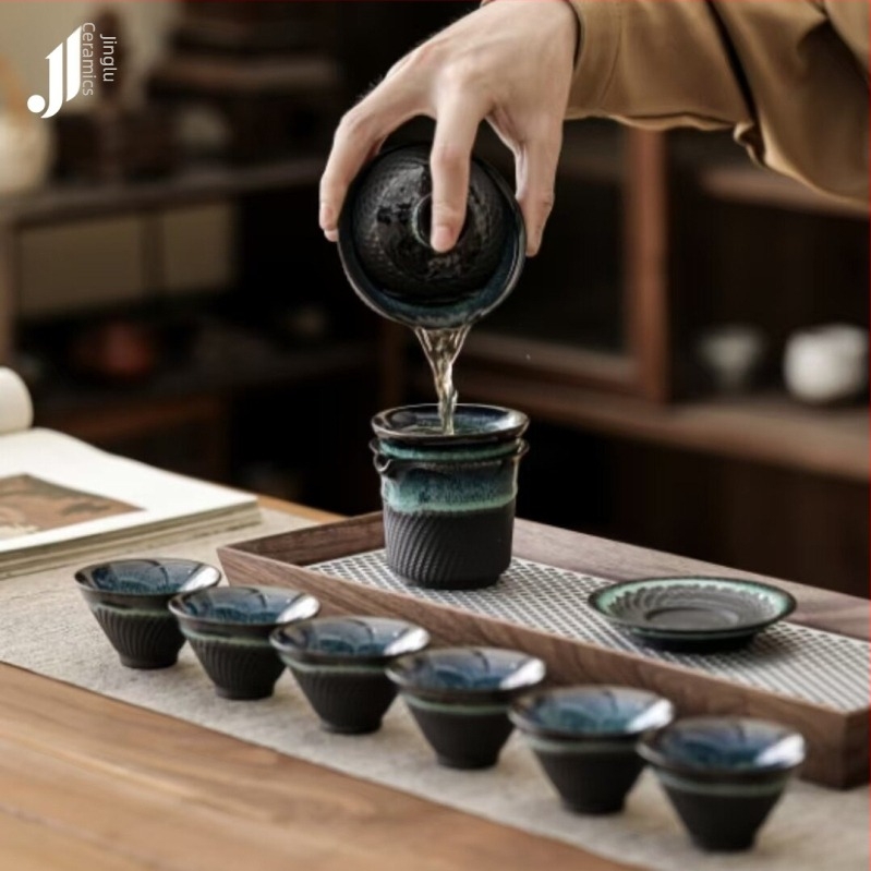 Gaiwan porcelánból Tianmu Sancai glazúrral, kemencében égett, 2–6 fő részére, Gongfu teáskészlet