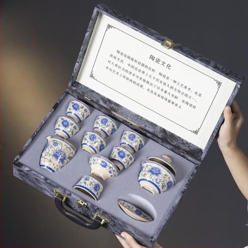 Kék-fehér Ru Kiln Gongfu teáskészlet porcelánból – teáskanna és teáscsészék otthoni használatra, luxus ajándék irodai vendégfogadásra