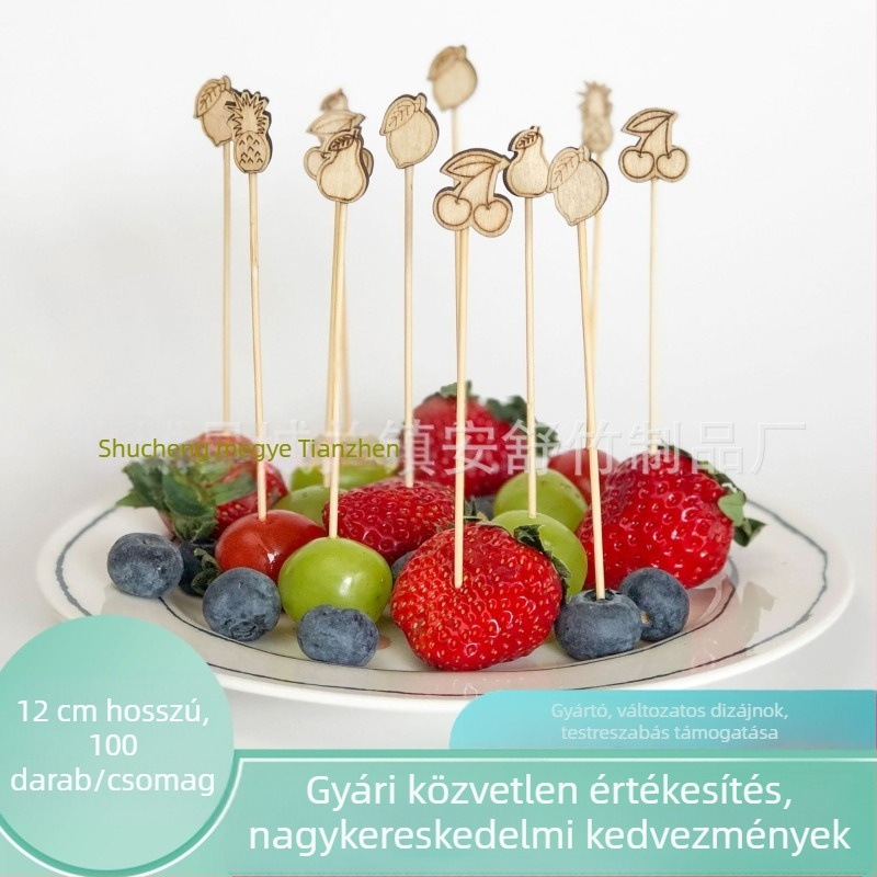 100 darab egyszer használatos gyümölcsvilla natúr fa színű és bambusz koktélpálcikák