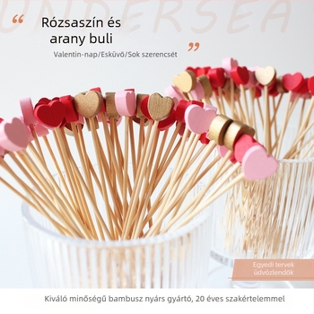 Valentin-napi dekoratív nyársak, kandírozott gyümölcsnyársak, szív alakú koktélnyársak, hamburgernyársak, változatos színű szívek, arany szívek