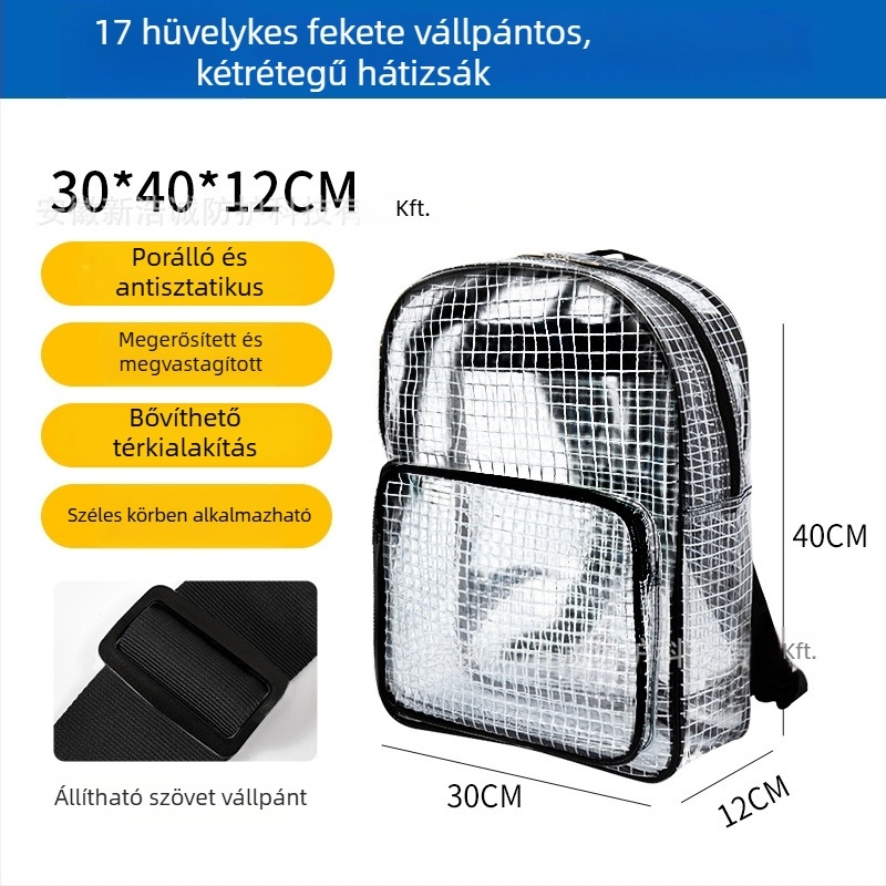 Antisztatikus PVC hálós hátizsák, 17 hüvelykes átlátszó fekete, tiszta helyiséghez, könnyű, nagy kapacitású