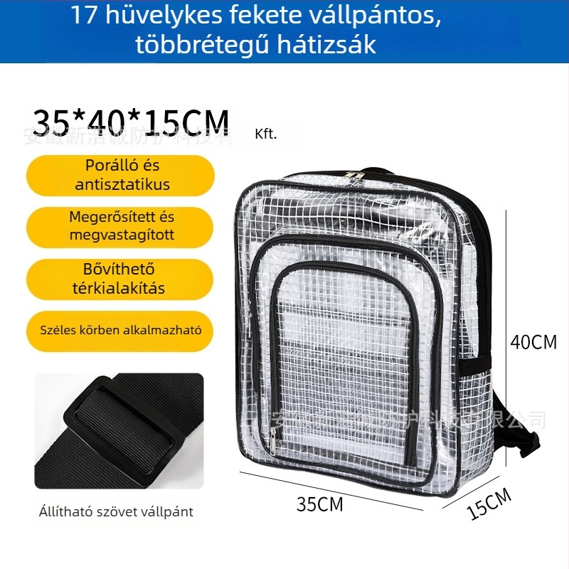 Antisztatikus PVC hálós hátizsák, 17 hüvelykes átlátszó fekete, tiszta helyiséghez, könnyű, nagy kapacitású