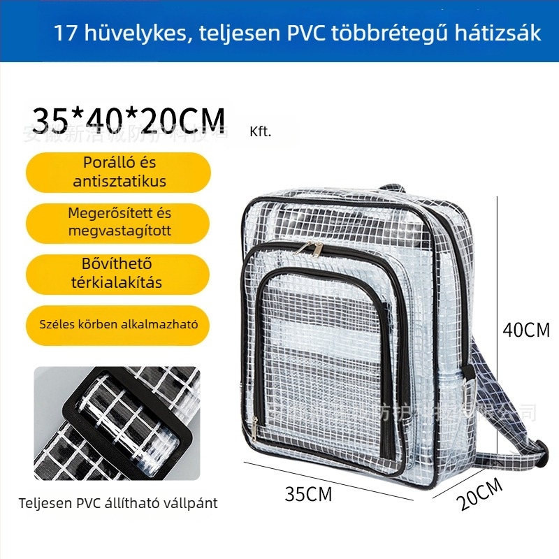 Antisztatikus PVC hálós hátizsák, 17 hüvelykes átlátszó fekete, tiszta helyiséghez, könnyű, nagy kapacitású