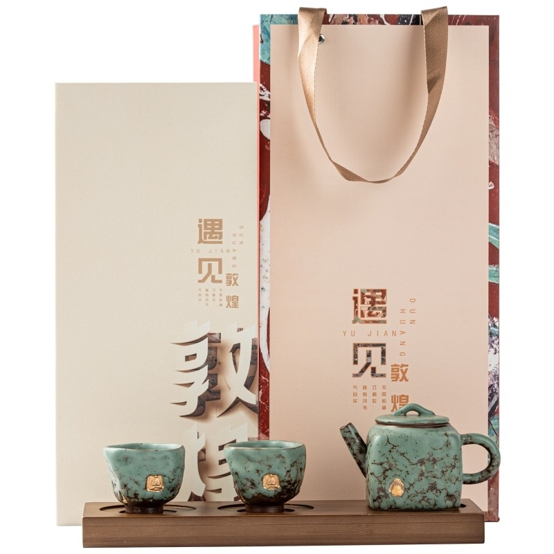 Dunhuang kerámia Kung-Fu teás készlet: 1 teáskanna és 2 csésze elegáns ajándékdobozban