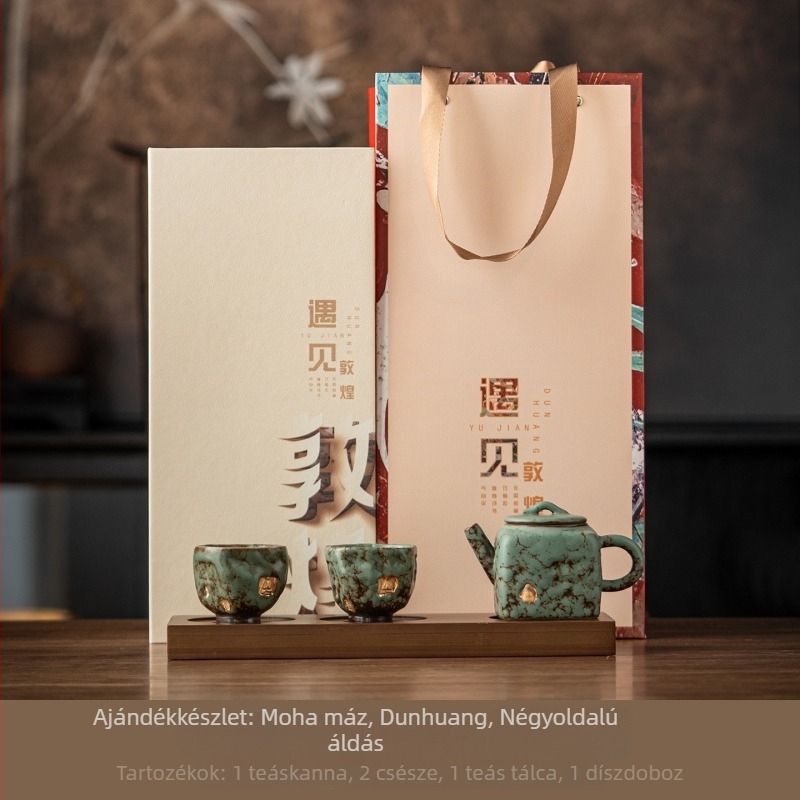 Dunhuang kerámia Kung-Fu teás készlet: 1 teáskanna és 2 csésze elegáns ajándékdobozban