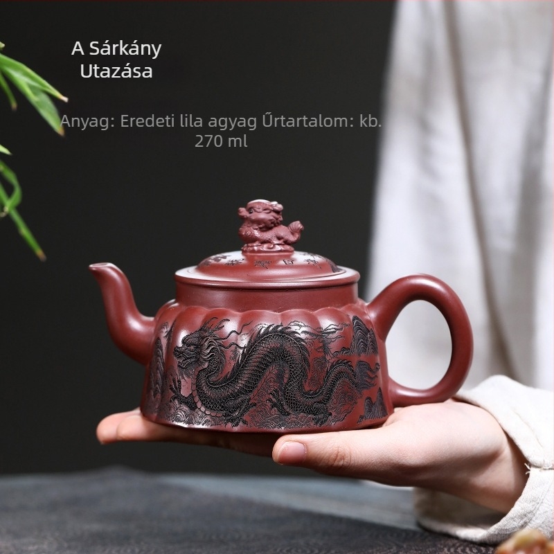 Yixing lila agyag teáskanna és teáskészlet, kézzel készített, sárkány motívum, eredeti ásványi lila agyag