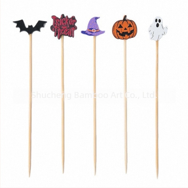 Személyre szabott, egyszer használatos bambusznyársak Halloween-sorozathoz – kreatív koktélnyársak, burger és desszert nyársak, virágnyársak