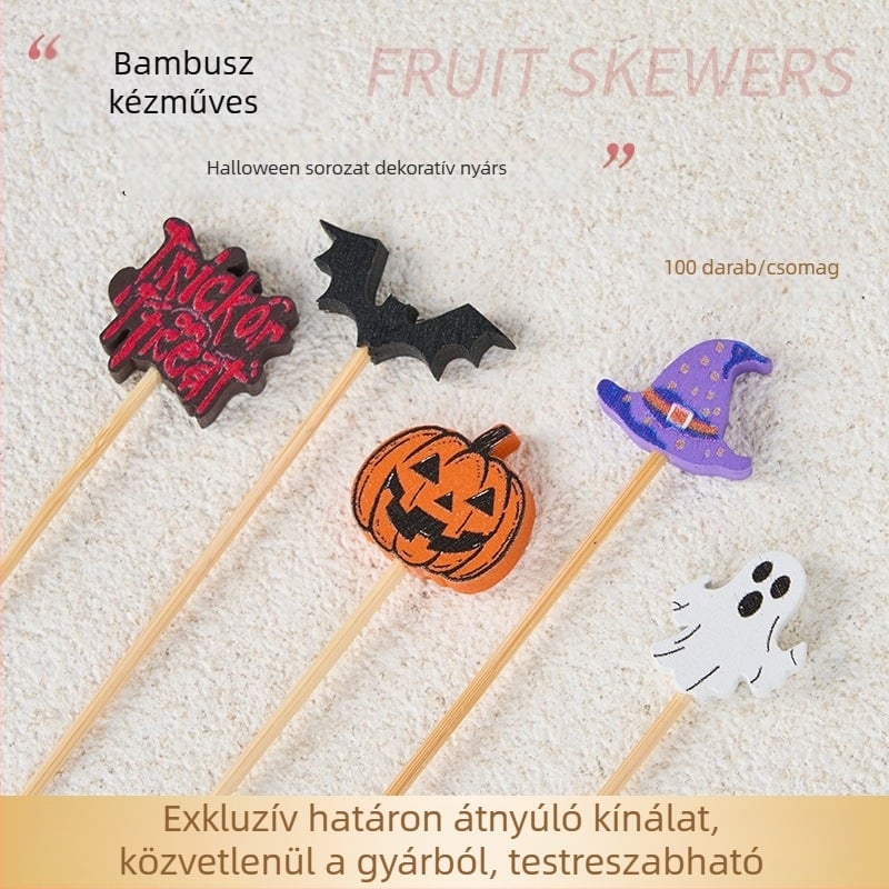 Személyre szabott, egyszer használatos bambusznyársak Halloween-sorozathoz – kreatív koktélnyársak, burger és desszert nyársak, virágnyársak