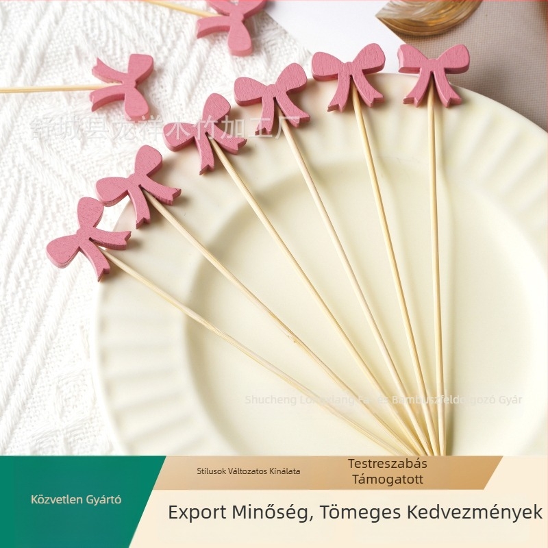 Bambusból készült gyümölcs- és desszertkanál, egyszer használatos, művészi dizájn rózsaszín masnival koktélokhoz
